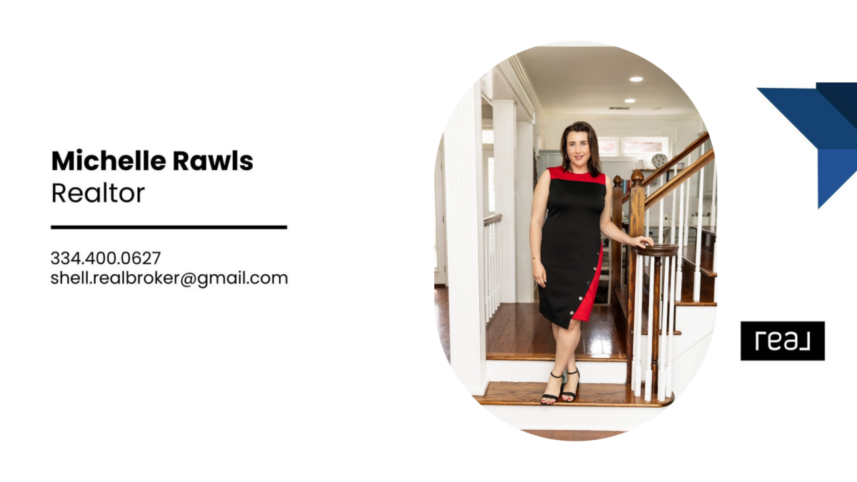 A photo showing Real Broker realtor Michelle Rawls standing on a flight of stairs with her contact information listed on the picture.