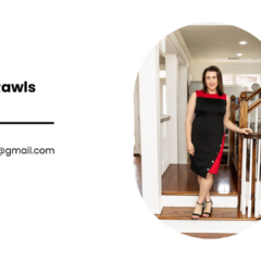 A photo showing Real Broker realtor Michelle Rawls standing on a flight of stairs with her contact information listed on the picture.