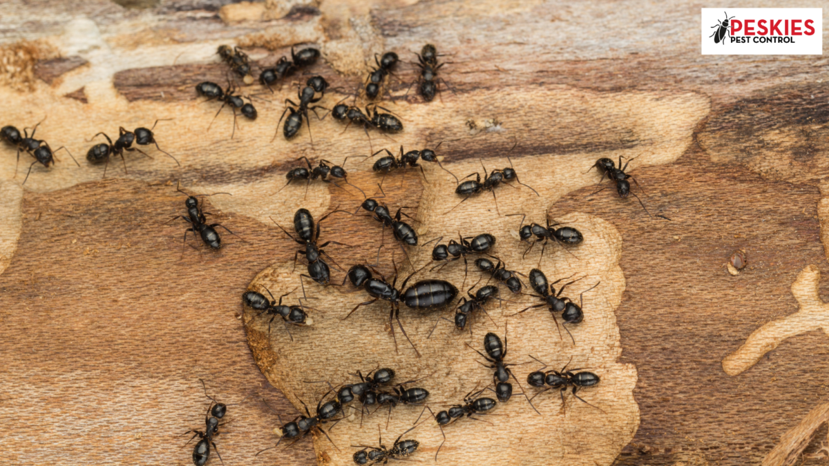 A cluster of black carpenter ants (Camponotus spp.) crawls across a piece of light-colored, damaged wood. The ants vary in size, demonstrating their polymorphic nature, with one significantly larger ant positioned near the center of the group. In the upper right corner, the "Peskies Pest Control" logo is visible.