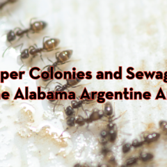 A macro photograph of several Argentine ants crawling in a line across a white, textured surface. In the center, bold red and black text reads, "Super Colonies and Sewage: The Alabama Argentine Ant". The top right corner features the "Peskies Pest Control" logo, which includes an illustration of a cockroach.