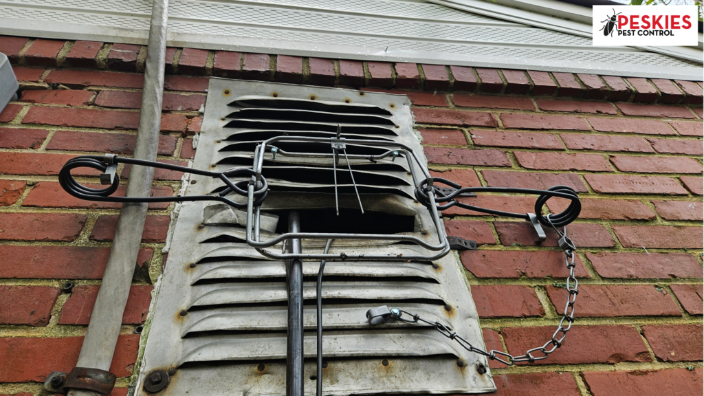 A close-up, upward-angled shot of a red brick exterior wall featuring a damaged metal gable vent. A square steel Conibear trap is set directly over a large, pried-open hole in the vent where an HVAC coolant line enters the attic. The trap is secured with a metal chain anchored to the brickwork. The "Peskies Pest Control" logo is positioned in the upper right corner.
