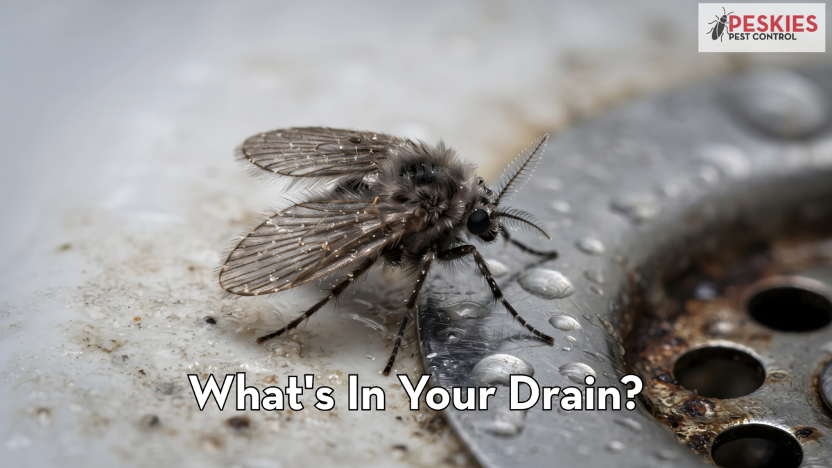 Close-up of a fuzzy drain fly perched near a dirty sink drain with text reading "What's In Your Drain?" and the Peskies Pest Control logo.