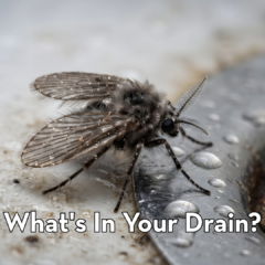 Close-up of a fuzzy drain fly perched near a dirty sink drain with text reading "What's In Your Drain?" and the Peskies Pest Control logo.