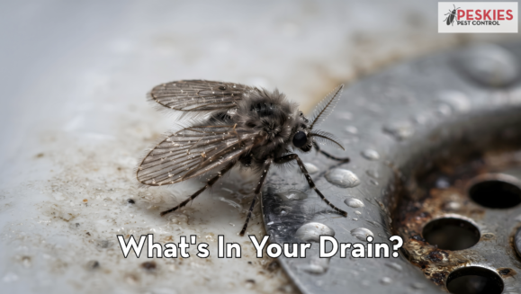 Close-up of a fuzzy drain fly perched near a dirty sink drain with text reading "What's In Your Drain?" and the Peskies Pest Control logo.