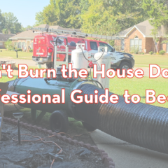 Professional propane bed bug heater with large black ductwork running into a house, with Peskies Pest Control service trucks parked in the background.