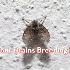 Small drain fly resting on a wall, Peskies Pest Control graphic